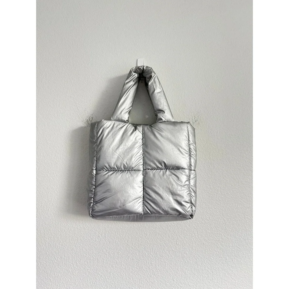 Urban Outfitters Silver Metallic Puffer Tote Bag Y2K Cyber Streetwear Quilted